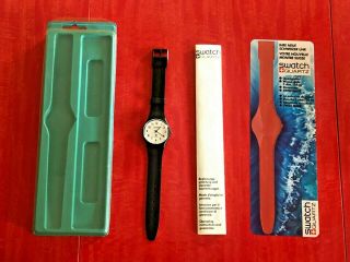 VINTAGE 1983 SWATCH WATCH IN PACKAGE WITH PAPERS BLACK BAND WHITE DIAL 2