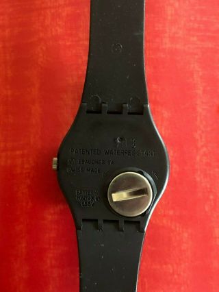 VINTAGE 1983 SWATCH WATCH IN PACKAGE WITH PAPERS BLACK BAND WHITE DIAL 8