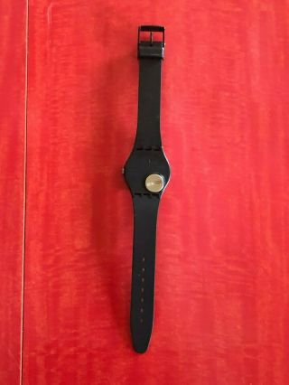 VINTAGE 1983 SWATCH WATCH IN PACKAGE WITH PAPERS BLACK BAND WHITE DIAL 9