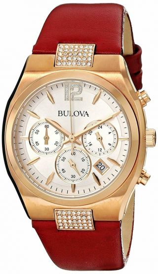 Bulova 97m108 Rose Gold Burgundy Leather Strap Chronograph Womens Watch