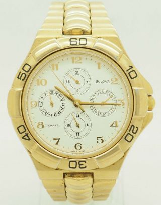Bulova 92d47 Yellow Gold Plated White Dial Chronograph Quartz 38mm Wrist Watch