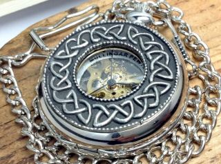 Vintage Mullingar Pewter Ireland Celtic Knot Mechanical Pocket Watch (e1)