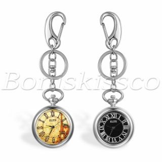 Retro Numerals Quartz Round Pocket Watches Cute Mini Key Ring Keychain Gift