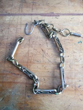Antique Brass & White Metal Pocket Watch Chain With Key French