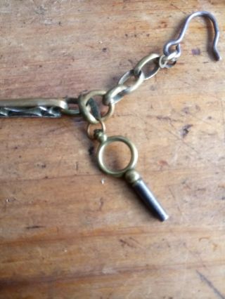 Antique Brass & White Metal Pocket Watch Chain With Key French 4