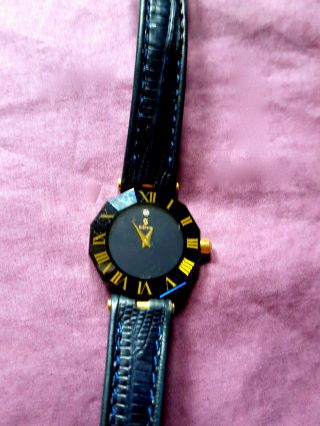 H Stern 18k Gold Swiss Watch Sapphire Quartz Ladies Leather Roman Num 1p Diamond