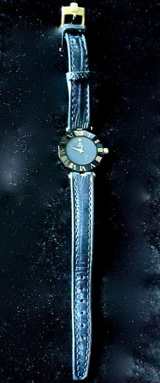 H STERN 18K Gold Swiss Watch Sapphire Quartz Ladies Leather Roman Num 1p Diamond 4