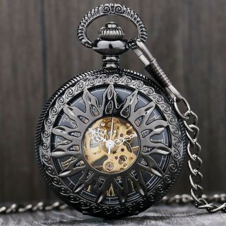 Retro Black Hollow Skeleton Dial Mechanical Pocket Watch Men Women Pendant Gift