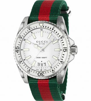 Gucci Dive Silver Dial Red And Green Nylon 45mm Men 