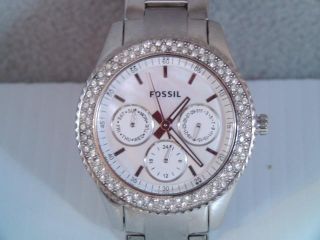 Fossil Es 2860 Stainless Steel Jeweled 3 Register Chronograph Ladies Watch Time