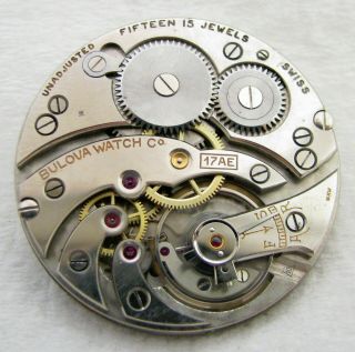 Antique Swiss Bulova 17ae 15 Jewel Pocket Watch Movement Parts