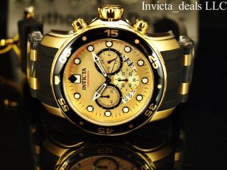 Invicta Mens 48mm Pro Diver Scuba Chronograph Gold Dial 18k Gold Ip Ss Watch