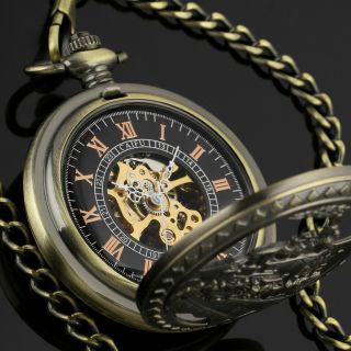 Mens Pocket Watch Mechanical Black Dial Skeleton Retro Chain Hand - Winding Luxury