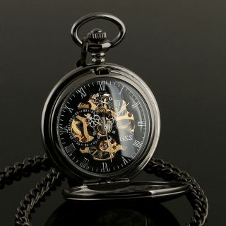 Ess Pocket Watch Mechanical Black Steampunk Skeleton Retro Chain Luxury Mens