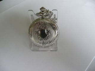 Vintage Type Silver Plate Full Hunter Pocket Watch Albert Chain Locket Shield
