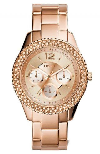 Fossil Stella Watch Es3590 Rose Gold Crystal Bling Multifunction Nwt $135