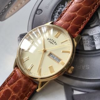 Mens Rotary Dress Watch Windsor Gold Steel Tan Leather Twin Date