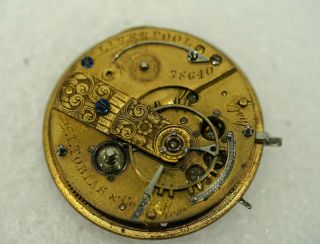 Vintage M.  I.  Tobias Liverpool Pocket Watch Movement 38640 Engraved Parts/repair