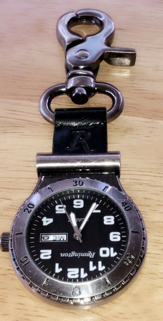 Vintage Remington Date Pocket Watch Belt Clip Leather & Stainless Steel Euc