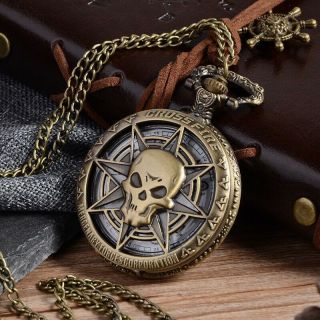 Uk Pirate Skull Pocket Watch Necklace Jewellery Gift Antique Vintage Style