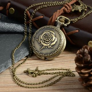 Uk Steampunk Rose Flower Pocket Watch Necklace Jewellery Gift Vintage Style