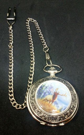 Full Hunter Pocket Watch With Chain,  Stag Design.  Fully