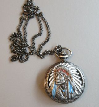 Dark Silver Colour Indian Chief Head Pocket Watch And Necklace Chain -