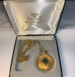 Vintage Nicolet Dress Swiss Covered Pocket Watch Gold Tone Twisted Chain Quartz