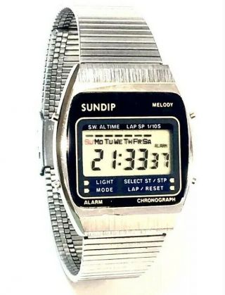 Vintage Sundip Quartz Alarm Chronograph Digital Lcd Wrist Watch N.  O.  S From 1970s