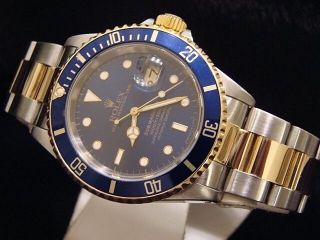 Mens Rolex Submariner Date 18k Yellow Gold & Steel Watch Blue Dial Bezel 16613 2