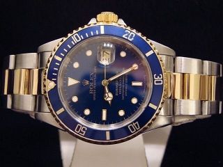 Mens Rolex Submariner Date 18k Yellow Gold & Steel Watch Blue Dial Bezel 16613 3