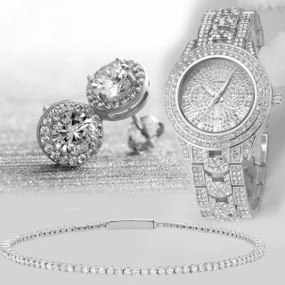 18k White Gold Filled Case Ladies Watch Earring And Bracelet Set With Crystals