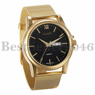 Luxury Mens Date Gold Stainless Steel Band Black Dial Quartz Wrist Watch Gift