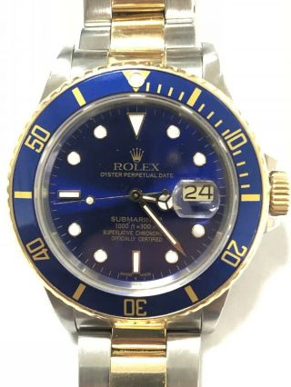 Mens Rolex Submariner 18k Yellow Gold Stainless Steel Watch Blue Sub Date 16803