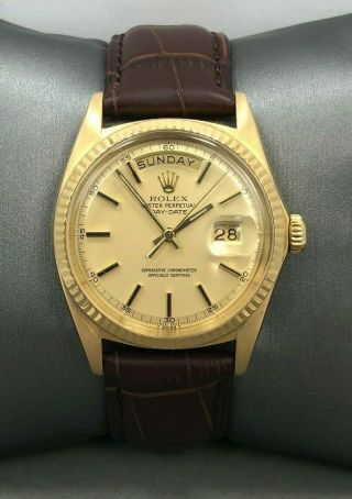 VINTAGE ROLEX 1803 DAY - DATE 18K GOLD MEN ' S WATCH WITH AFTER MARKET LEATHER BAND 2