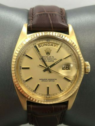 VINTAGE ROLEX 1803 DAY - DATE 18K GOLD MEN ' S WATCH WITH AFTER MARKET LEATHER BAND 3