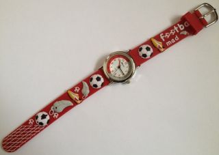 Childrens Boys Football Mad Watch With Red Pvc Strap With 3d Boots Net Whistle