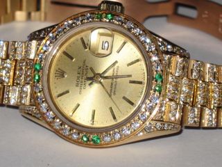 Womens Rolex Datejust President 18k Solid Gold Diamonds / Emeralds Everywhere