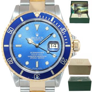 2008 Gold Buckle Engraved Rolex Submariner 16613 18k Gold Steel Blue Dial Watch