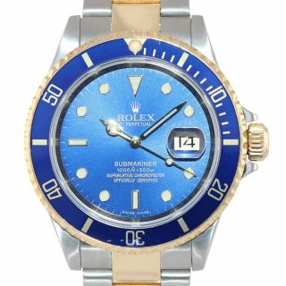 2008 GOLD BUCKLE ENGRAVED Rolex Submariner 16613 18k Gold Steel Blue Dial Watch 2