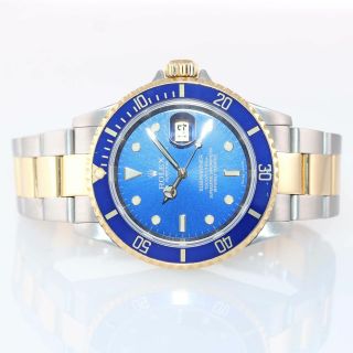 2008 GOLD BUCKLE ENGRAVED Rolex Submariner 16613 18k Gold Steel Blue Dial Watch 3
