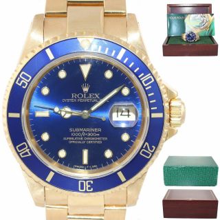 Unpolished Rolex 16618 Submariner 18k Yellow Gold Blue Sunburst Dial Watch Box