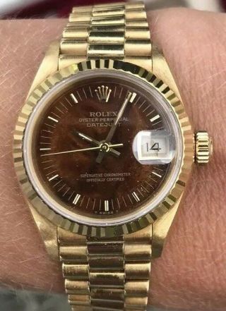 Ladies Rolex Oyster Perpetual Datejust 18ct Gold Wood Dial W/ Box & Papers