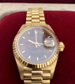 LADIES ROLEX OYSTER PERPETUAL DATEJUST 18CT GOLD WOOD DIAL W/ BOX & PAPERS 2