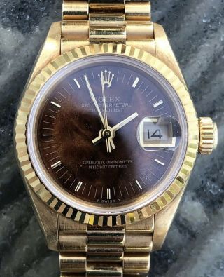 LADIES ROLEX OYSTER PERPETUAL DATEJUST 18CT GOLD WOOD DIAL W/ BOX & PAPERS 9
