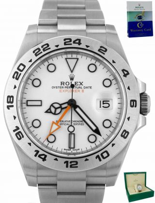 2018 Rolex Explorer Ii 42mm 216570 Polar White Orange Steel Gmt Date Watch