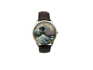 The Great Wave Off Kanagawa Wristwatch.  Minimalist Design.  Brown Leather Strap