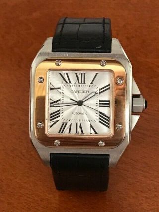Cartier Santos 100 18k Yellow Gold & Steel Roman Dial Mens Strap Watch 2656 HV 2