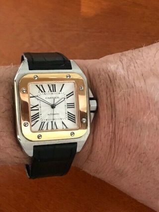 Cartier Santos 100 18k Yellow Gold & Steel Roman Dial Mens Strap Watch 2656 HV 4
