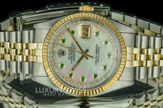 Rolex Men ' s Datejust 16013 36mm Fluted Two - Tone White MOP Diamond Emerald Dial 2